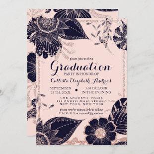 Rose Gold Navy Pink Floral Glitter Graduation Invitation