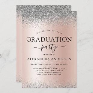 Rose Gold Pink 2022 Graduation Glitter Silver Invitation