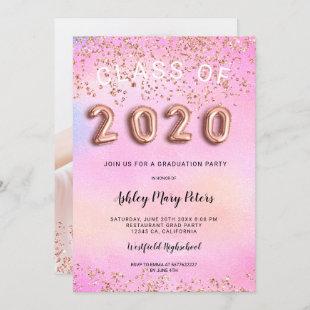 Rose Gold pink holographic photo graduation 2020 Invitation