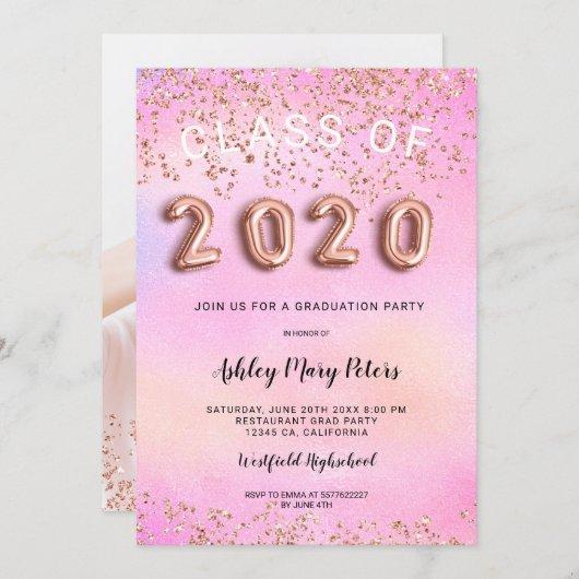Rose Gold pink holographic photo graduation 2020 Invitation