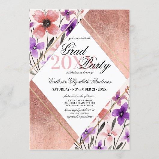 Rose Gold Pink Purple Flower Watercolor Graduation Invitation