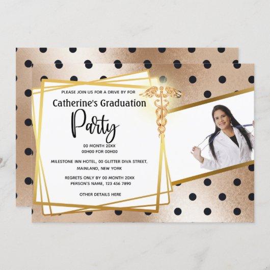 Rose gold polka dot DIY photo caduceus graduation Invitation
