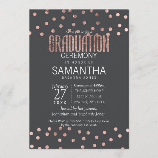 Rose Gold Polka Dots and Charcoal Black Graduation Invitation