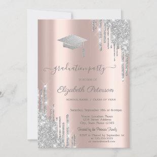 Rose Gold,Silver Glitter Grad Cap Drips  Invitation