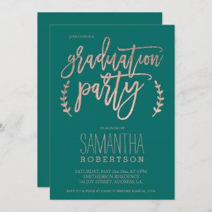 Rose gold typography emerald graduation party invitation