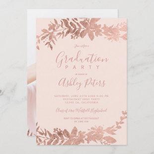 Rose Gold typography floral blush photo graduation Invitation
