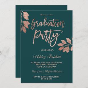 Rose Gold typography leaf green graduation party Invitation