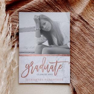 Rose gold typography marble photo graduation announcement
