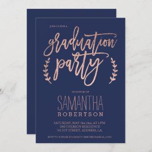 Rose gold typography navy blue graduation party invitation
