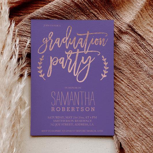 Rose gold typography purple graduation party 2 invitation