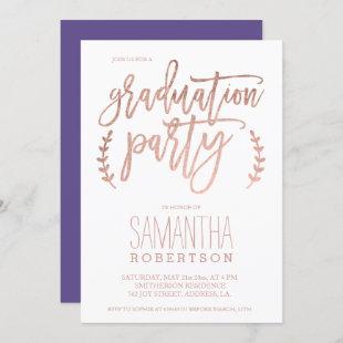 Rose gold typography purple graduation party invitation