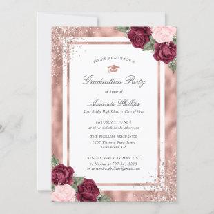 Rose Gold Watercolor Floral Photo Graduation Party Invitation