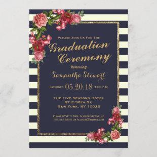 Roses Navy Stripes and Gold Graduation Ceremony Invitation