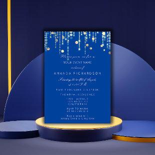 Royal Blue Gold Drips Birthday Bridal Shower Invitation