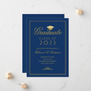 Royal Blue Gold Grad Cap College Graduation Announcement