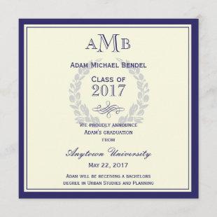 Royal Blue Monogram Graduation Announcement