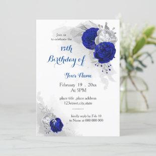 royal blue silver floral birthday invitation