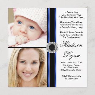 Royal Blue Then and Now Photo Graduation Invitation