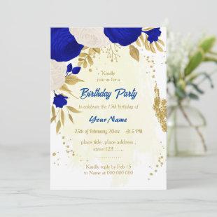 royal blue & white flowers gold birthday invitation