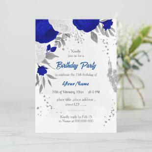 royal blue &white flowers silver birthday invitation