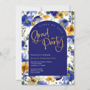 Royal Blue Yellow Wildflower Grad Party Invitation