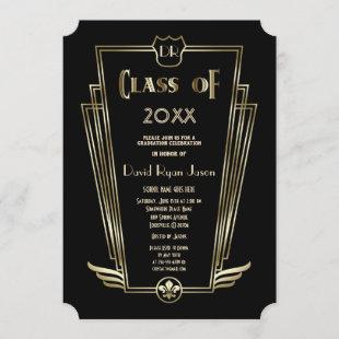 Royal Gold Art Deco Monogram Graduation Party Invitation