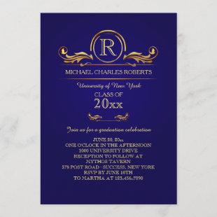 Royal Golden Monogram Blue Graduation Invitation