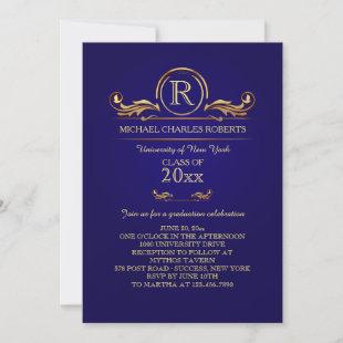 Royal Golden Monogram Blue Graduation Invitation