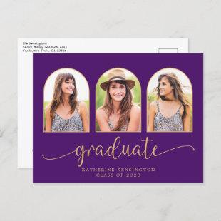 Royal Purple Gold Arch 3 Photo Graduation Announcement Postcard