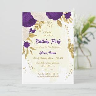 royal purple white flowers gold birthday party invitation