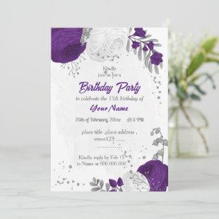 royal purple white flowers silver birthday party invitation