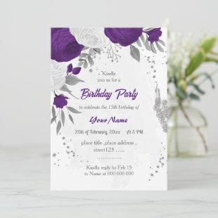 royal purple white flowers silver birthday party invitation