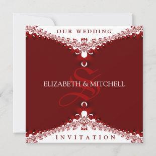 Royal Red+White Lace Monogram Wedding Invitations
