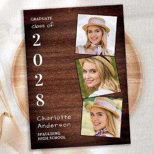 Rustic 3 Photo Collage Country Wood Graduation  Invitation
