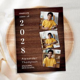 Rustic 3 Photo Collage County Wood Graduation Announcement Postcard