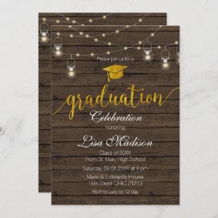 Rustic and Wood String Light Graduation Invitation