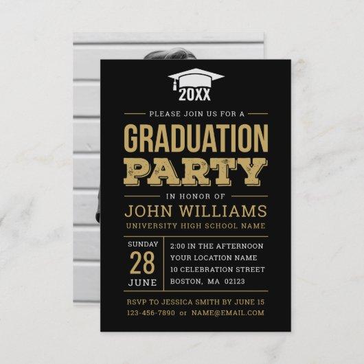 Rustic Black Gold Photo Graduation Party Invitation