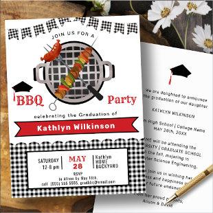 Rustic Black White Plaid Red Script GRAD BBQ Party Invitation