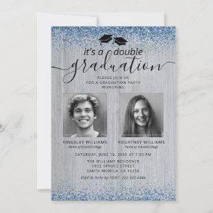 Rustic Blue Glitter Double Graduation Photo Invitation