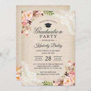 Rustic Blush Floral Lace Burlap Graduation Party Invitation