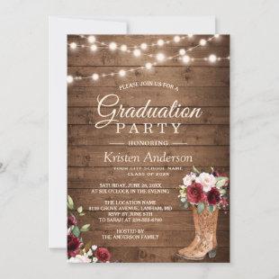 Rustic Boots Red Roses Floral  Graduation Party Invitation