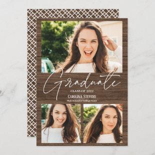 Rustic brown wood 3 photos collage graduation announcement