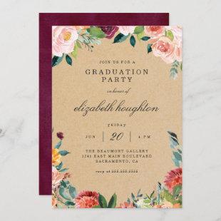 Rustic Burgundy Blush Floral Photo Graduation Part Invitation