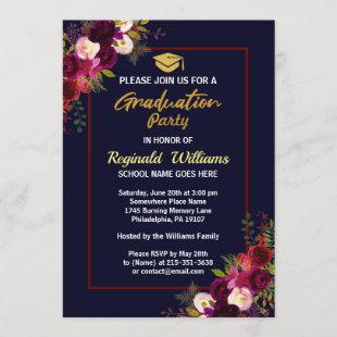Rustic Burgundy Floral  Graduation Party Invitation
