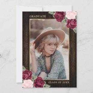 Rustic Burgundy Pink Floral Photo Graduation Party Invitation