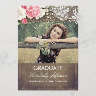 Rustic Burlap Lace Gold Confetti Photo Graduation Invitation