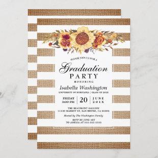 Rustic Burlap Stripes & Sunflower Graduation Party Invitation