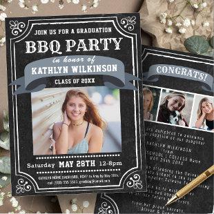 Rustic Chalkboard Graduation BBQ Party 4 Photo Invitation