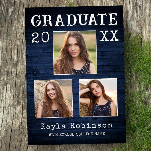 Rustic Country Blue Wood Plank 3 Photo Graduation Announcement
