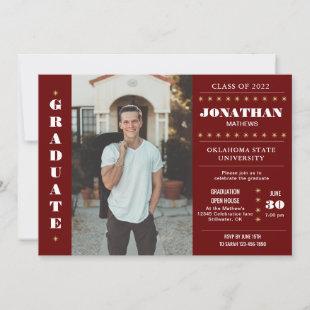 Rustic Country Burgundy Red Gold Photo Graduation Invitation